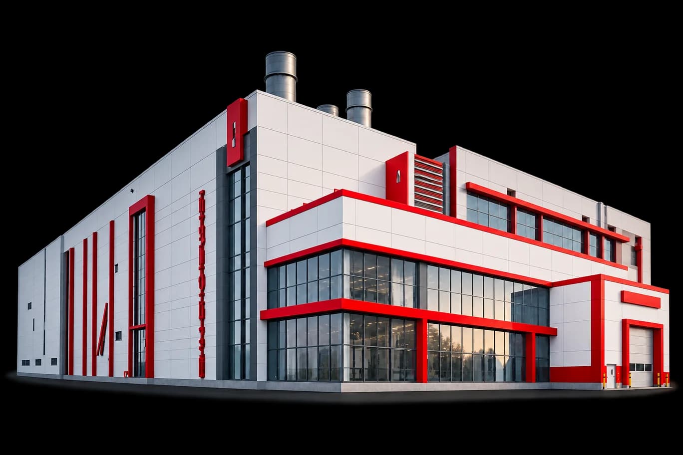 Illustration of a modern red and white manufacturing facility