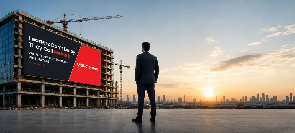 Man standing before a Mekark billboard on a high-rise construction site