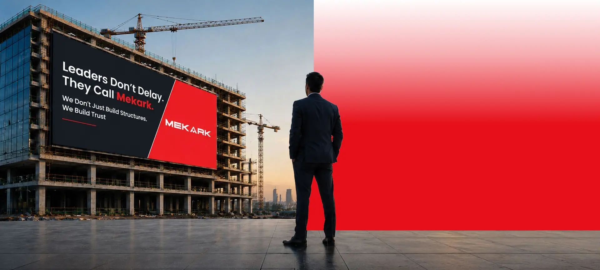 Man standing before a Mekark billboard on a high-rise construction site
